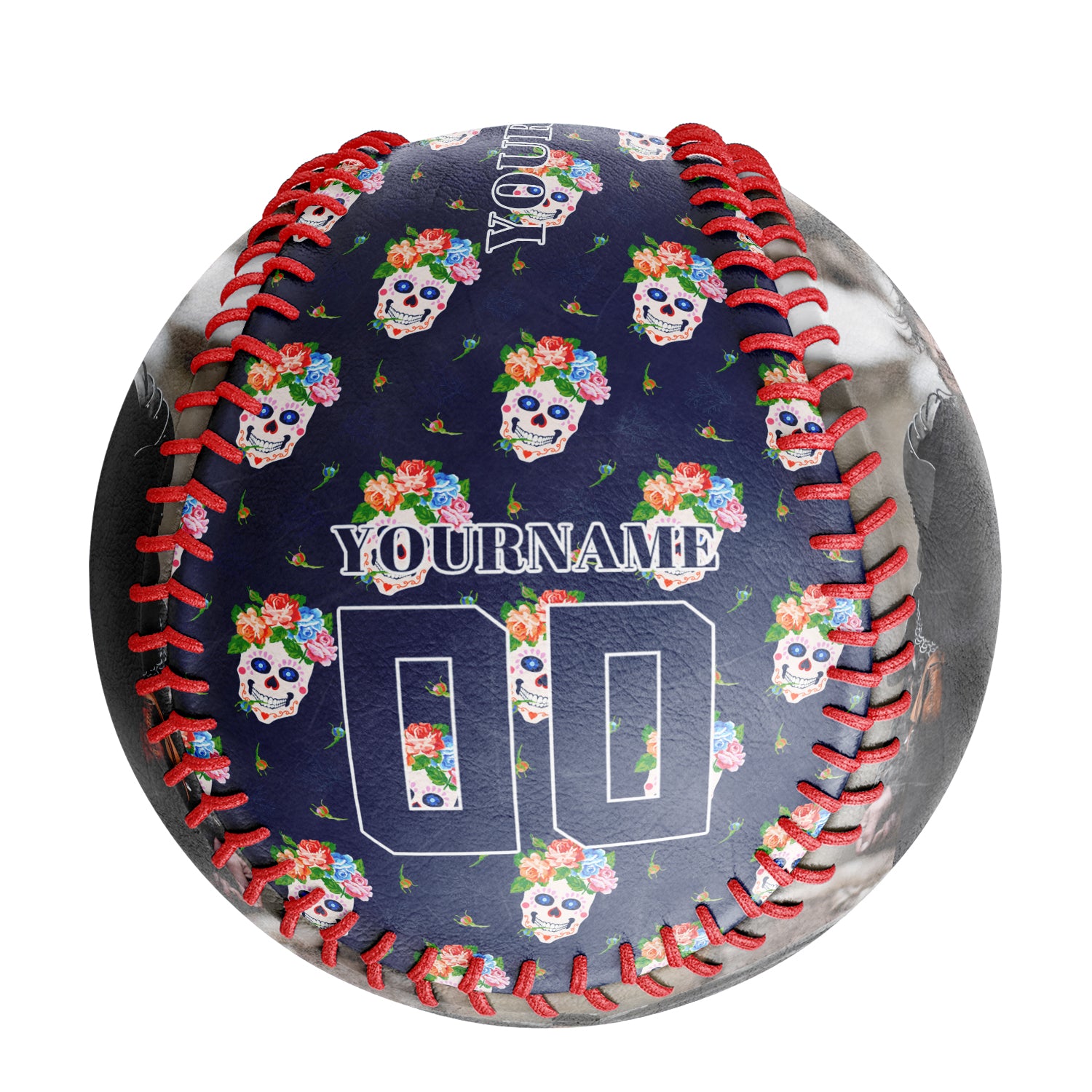 Personalized Navy Flowers Skull Photo Baseballs
