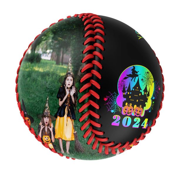 Personalized Black Happy Halloween Witch Pumpkin Spider Web Castle Photo Baseballs