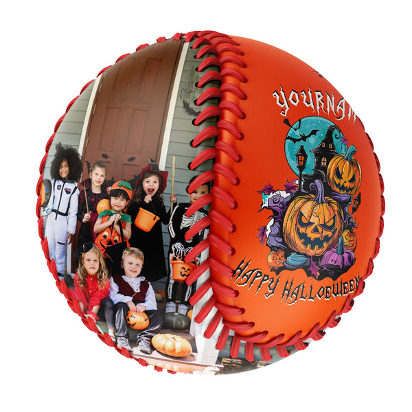 Personalized Orange Happy Halloween Pumpkin Bat Photo Baseballs