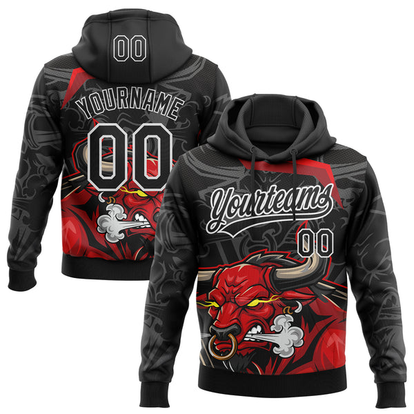 Custom Stitched Black Gray Red-White 3D Pattern Design Animal Bull Sports Pullover Sweatshirt Hoodie