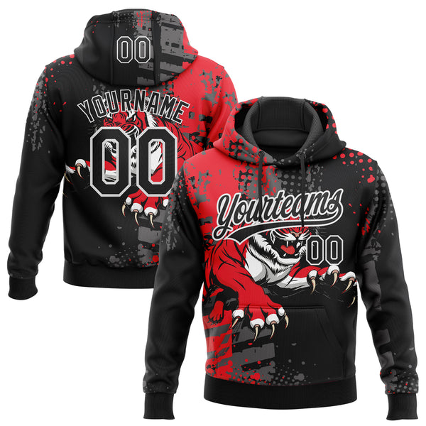Custom Stitched Black Red Gray-White 3D Pattern Design Animal Tiger Sports Pullover Sweatshirt Hoodie