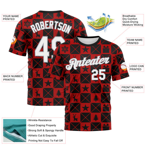Custom Black White Red-Gray 3D Pattern Christmas Buffalo Check Performance T-Shirt