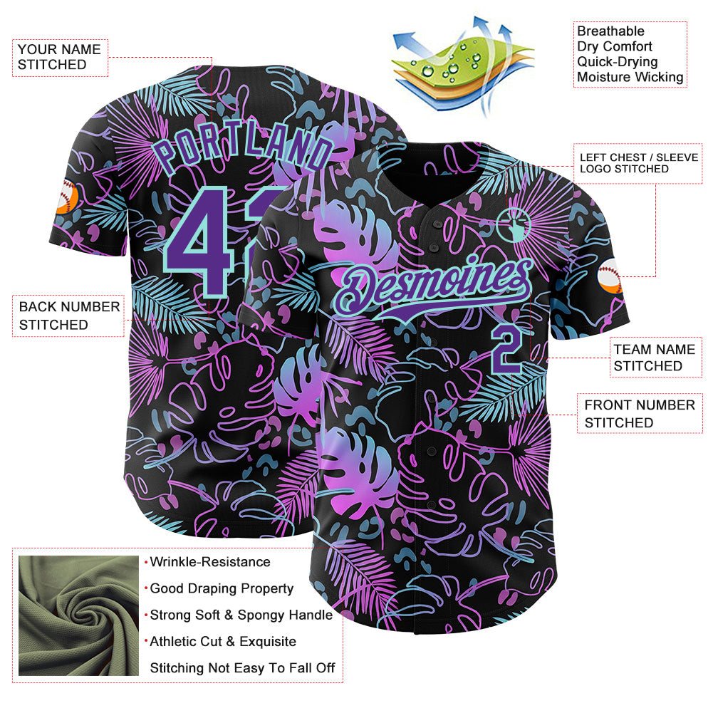 Custom Black Purple-Ice Blue Cyber Tropical Palm Trees Music Festival Authentic Baseball Jersey