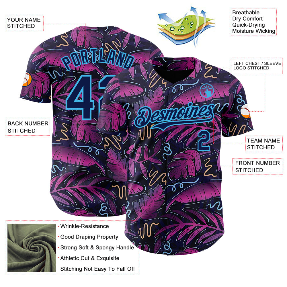 Custom Black Navy Purple-Sky Blue Cyber Tropical Palm Trees Music Festival Authentic Baseball Jersey