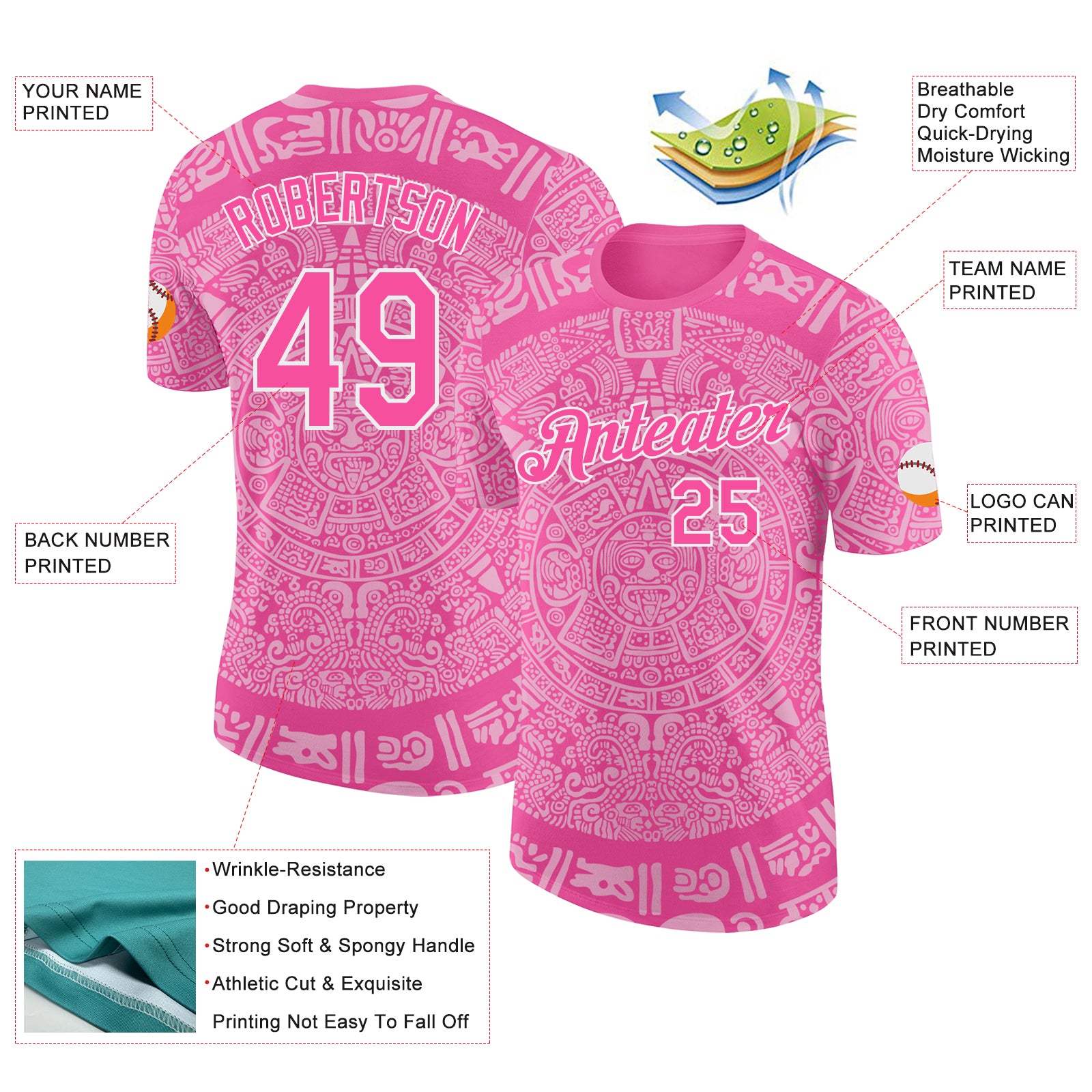 Custom Pink-White Tribal Ethnic Aztec Sun Stone 3D Pattern Performance T-Shirt