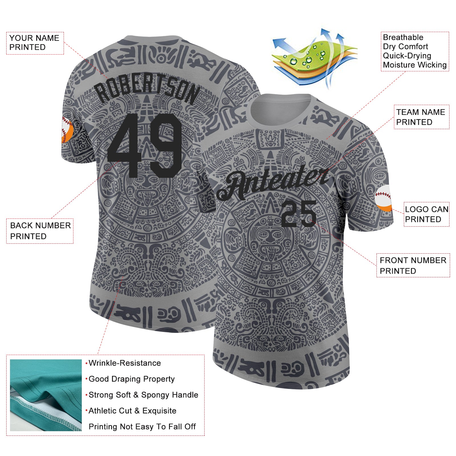 Custom Gray-Black Tribal Ethnic Aztec Sun Stone 3D Pattern Performance T-Shirt