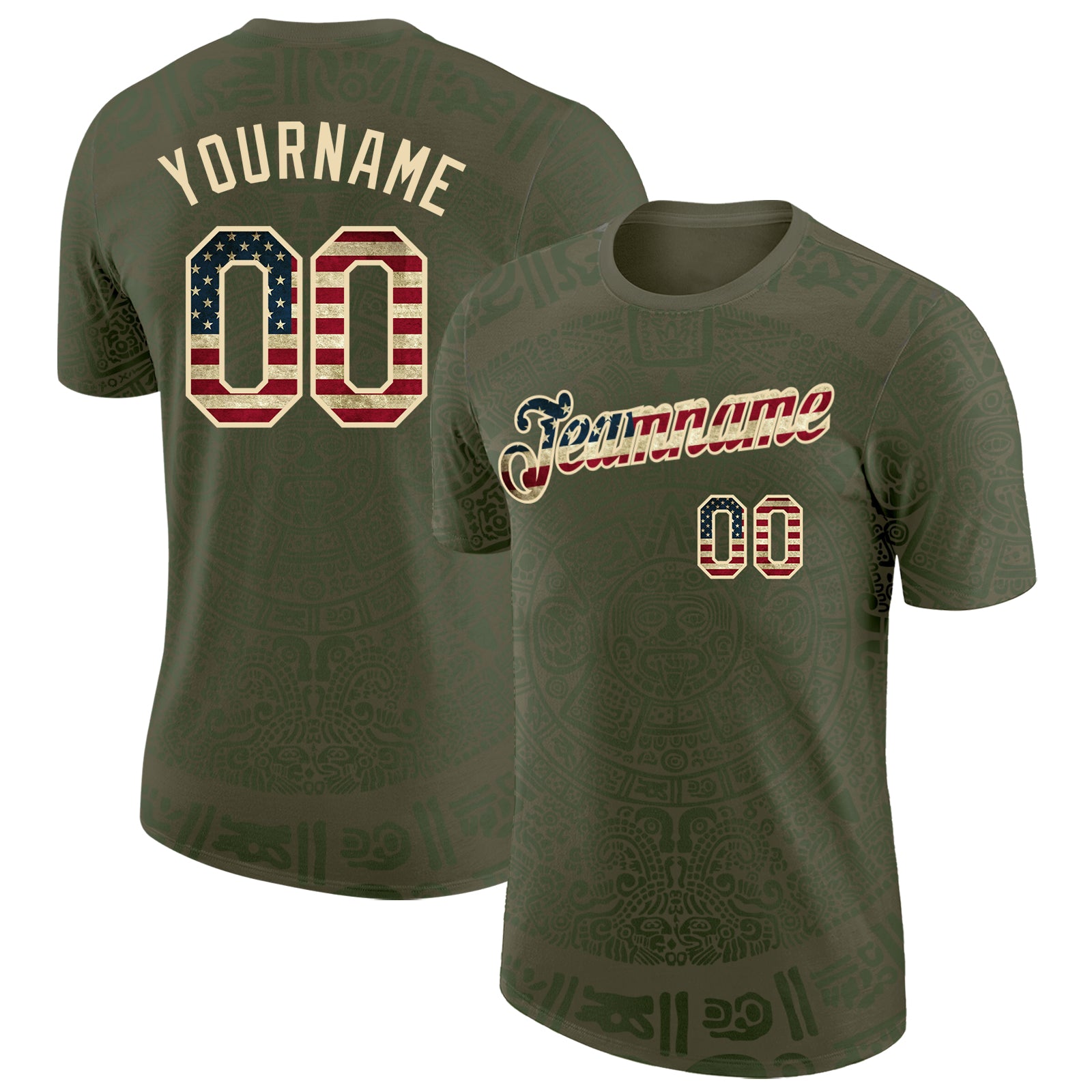Custom Olive Vintage USA Flag-Cream Tribal Ethnic Aztec Sun Stone 3D Pattern Performance T-Shirt