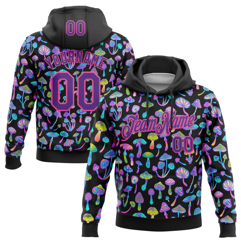 Custom Stitched Black Purple-Pink Magic Mushrooms Psychedelic Hallucination 3D Pattern Pullover Sweatshirt Hoodie