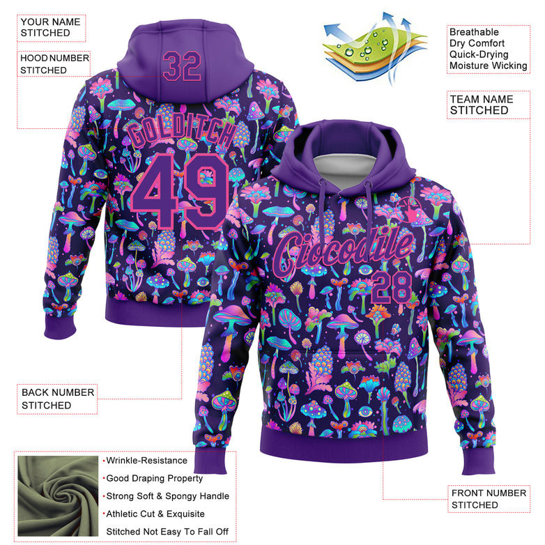 Custom Stitched Purple-Pink Magic Mushrooms Psychedelic Hallucination 3D Pattern Pullover Sweatshirt Hoodie