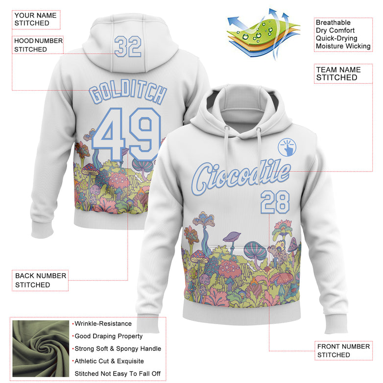 Custom Stitched White-Light Blue Magic Mushrooms Psychedelic Hallucination 3D Pattern Pullover Sweatshirt Hoodie
