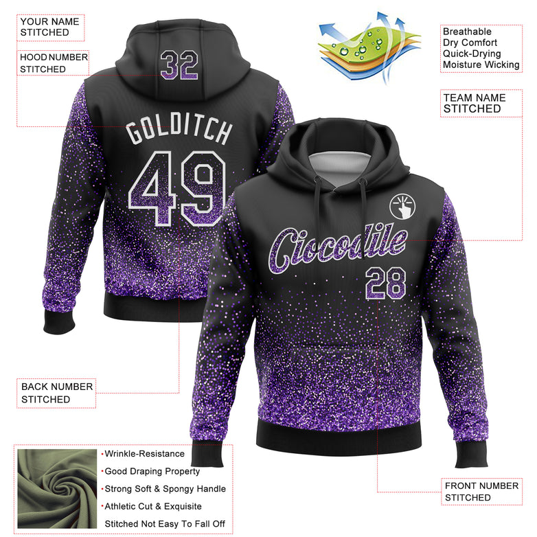 Custom Stitched Black Purple-White Abstract Colorful Glittering Dot 3D Pattern Pullover Sweatshirt Hoodie