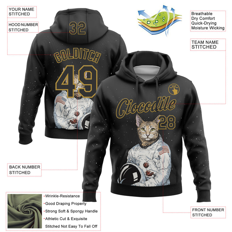 Custom Stitched Black-Old Gold Cat Astronaut Space Galaxy 3D Pattern Pullover Sweatshirt Hoodie