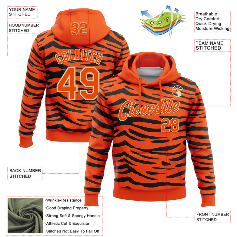 Custom Stitched Orange Black-Cream Tiger Print 3D Pattern Pullover Sweatshirt Hoodie