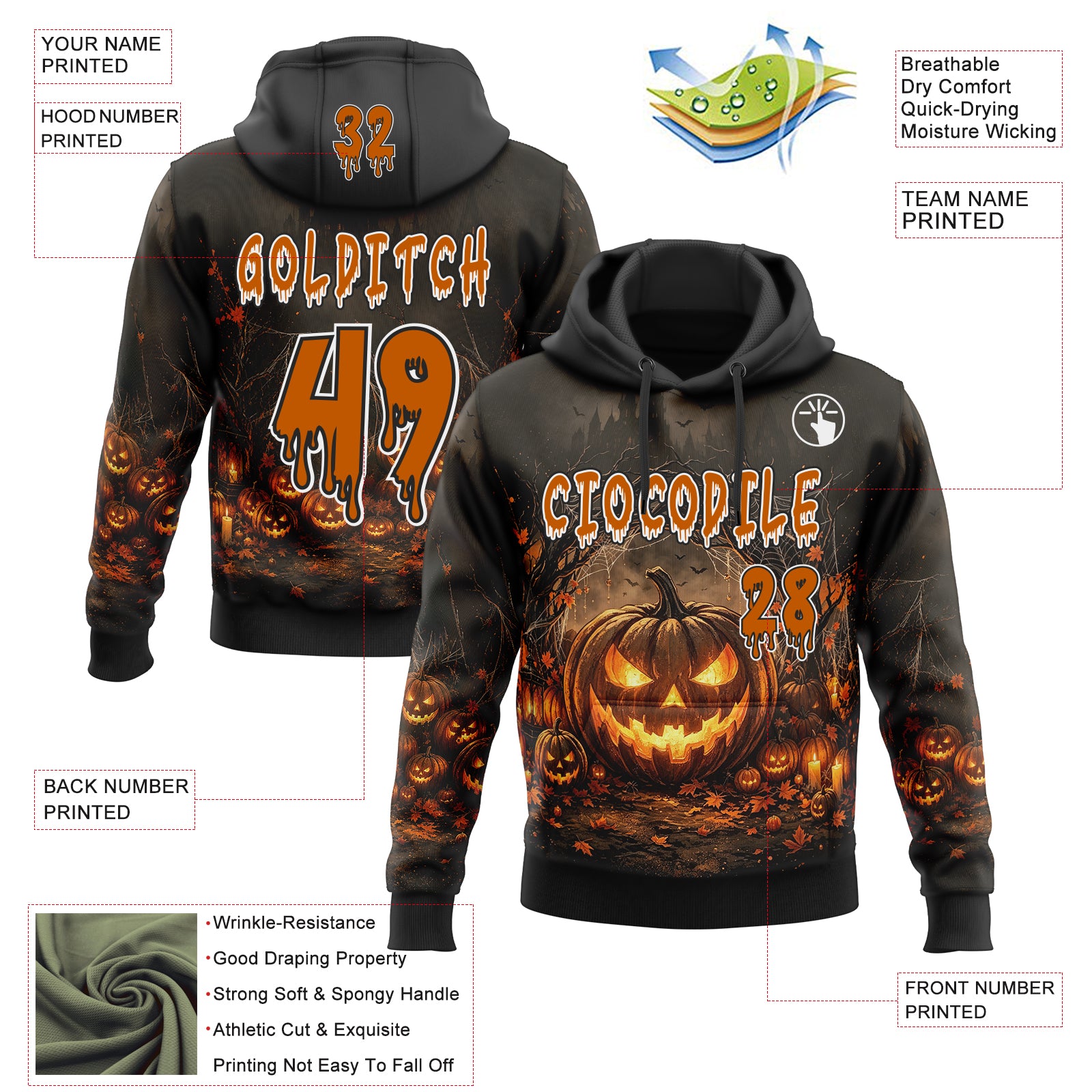 Custom Black Texas Orange-White Spooky Halloween Pumpkin Patch Pullover Sweatshirt Hoodie