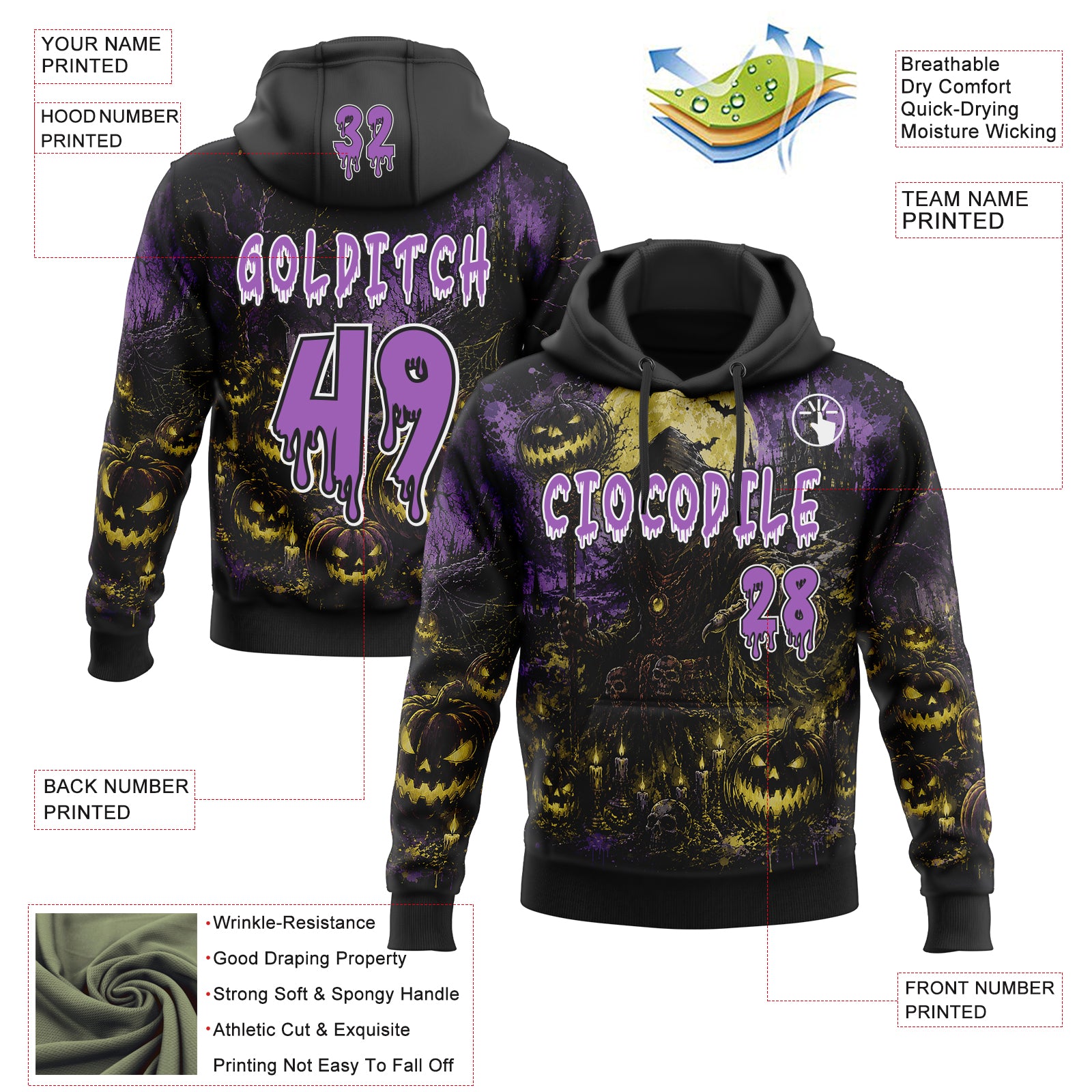 Custom Black Medium Purple-White Spooky Halloween Pumpkin Patch Pullover Sweatshirt Hoodie