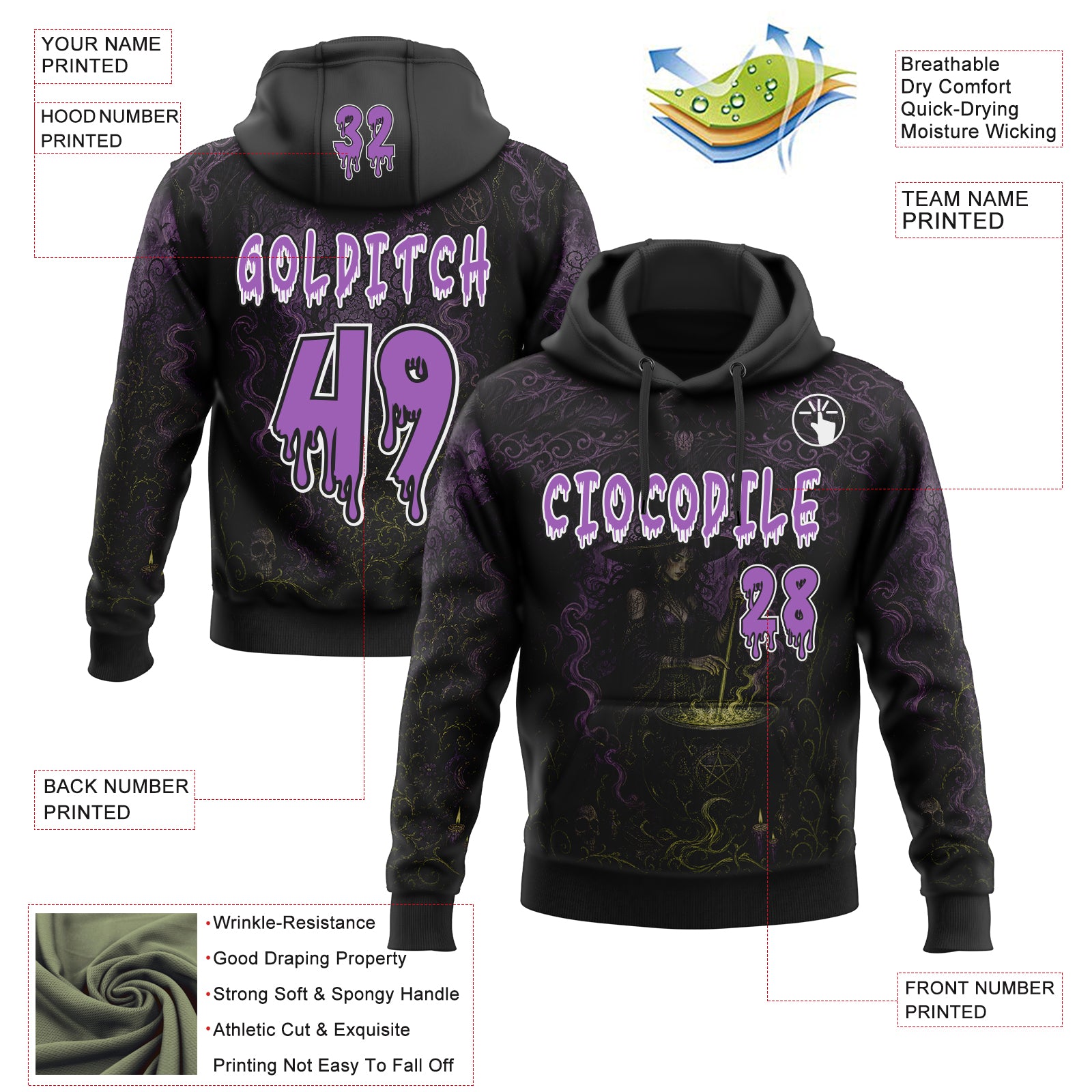 Custom Black Medium Purple-White Spooky Halloween Witch Cauldron Pullover Sweatshirt Hoodie