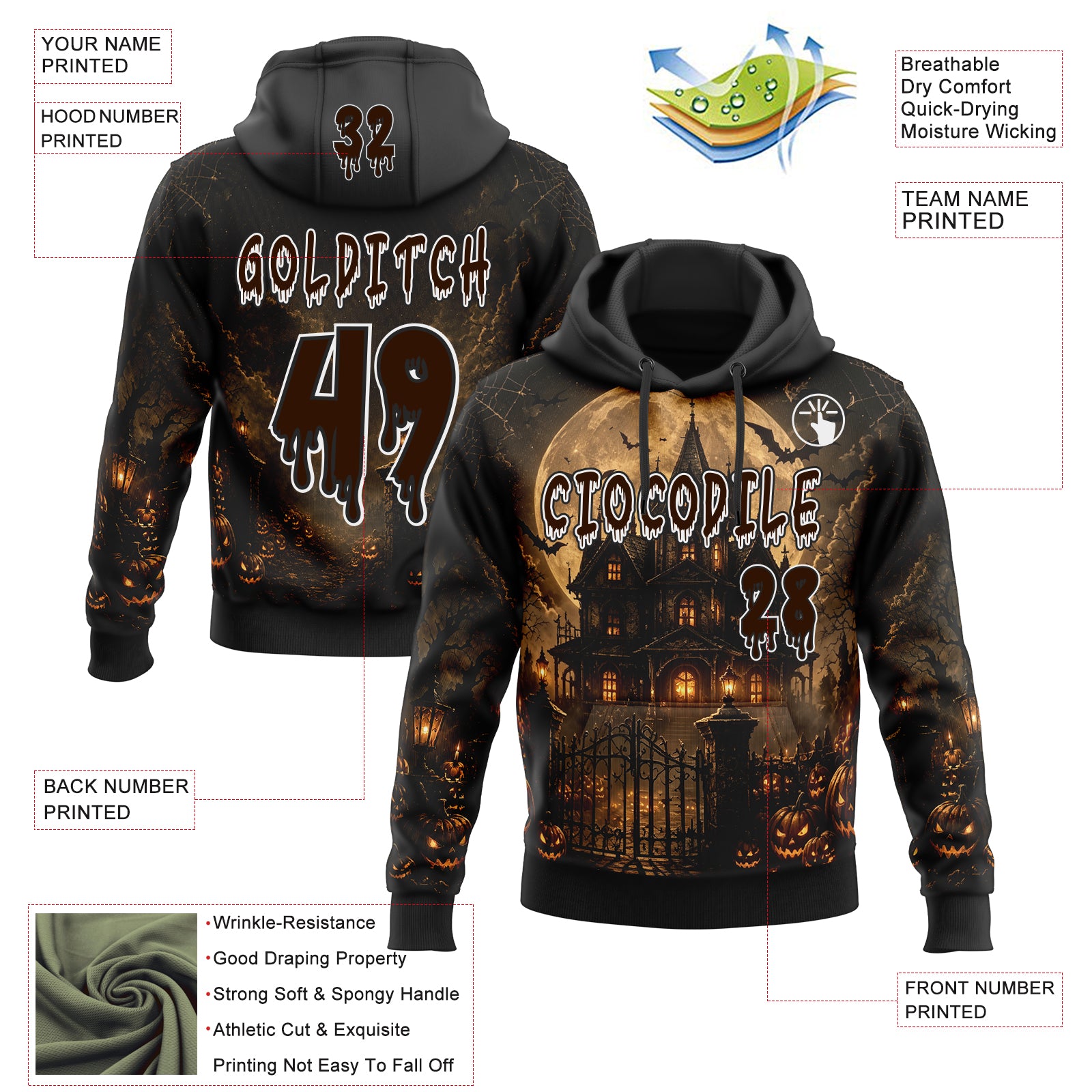 Custom Black Brown-White Spooky Halloween Haunted House Bats Pullover Sweatshirt Hoodie
