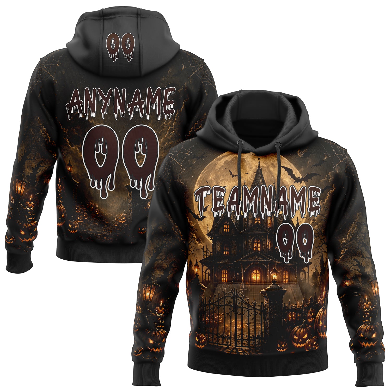 Custom Black Brown-White Spooky Halloween Haunted House Bats Pullover Sweatshirt Hoodie