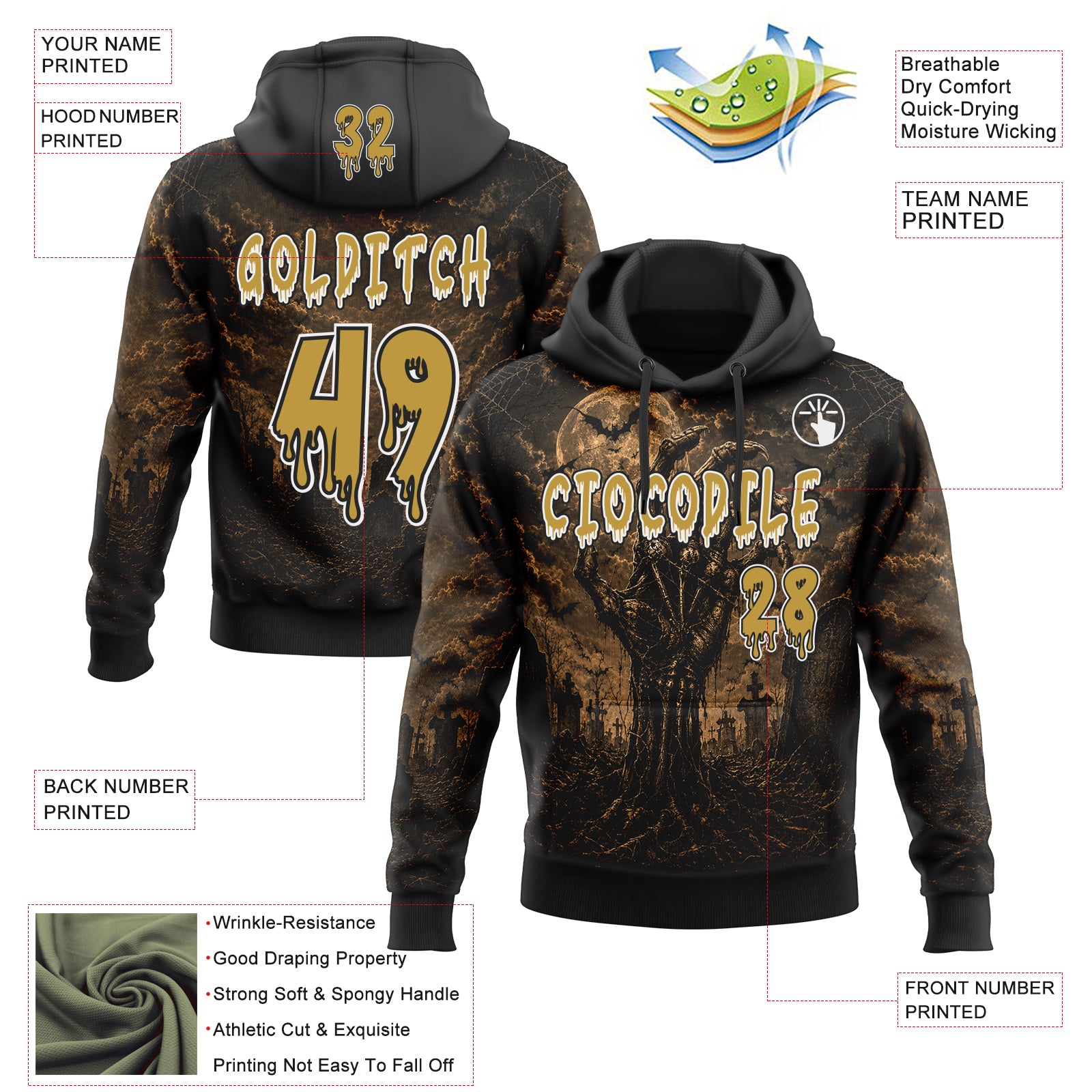Custom Black Old Gold-White Spooky Halloween Zombie Hand Pullover Sweatshirt Hoodie