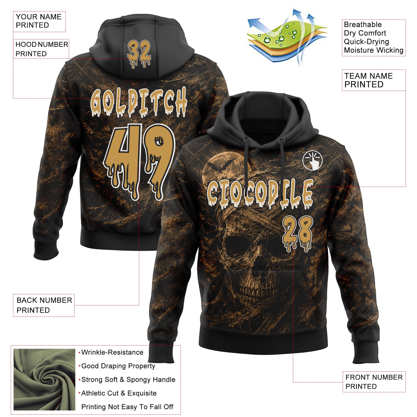 Custom Black Old Gold-White Spooky Halloween Mummy Skull Pullover Sweatshirt Hoodie