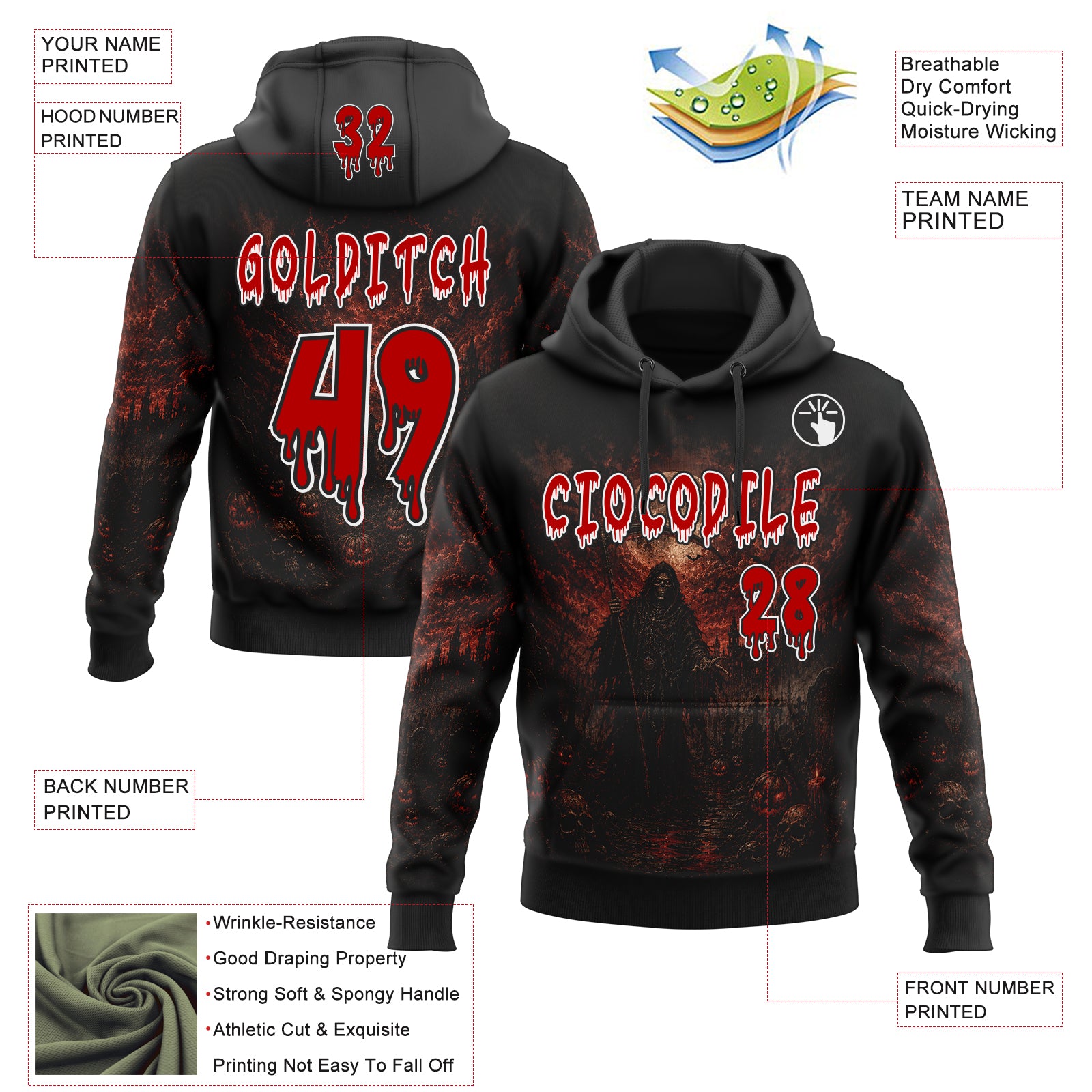 Custom Black Red-White Spooky Halloween Grim Reaper Pullover Sweatshirt Hoodie