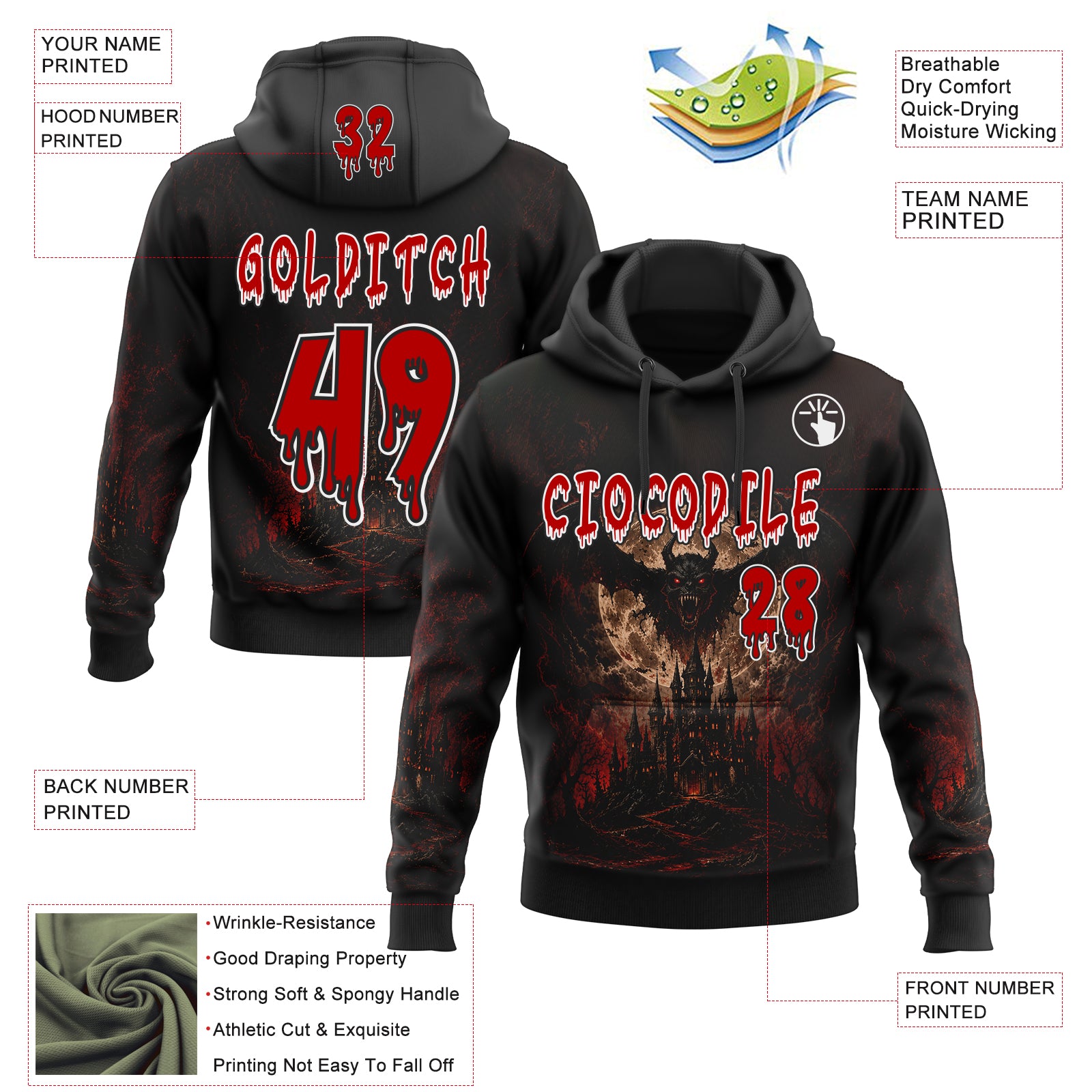 Custom Black Red-White Halloween Gothic Demon Castle Pullover Sweatshirt Hoodie