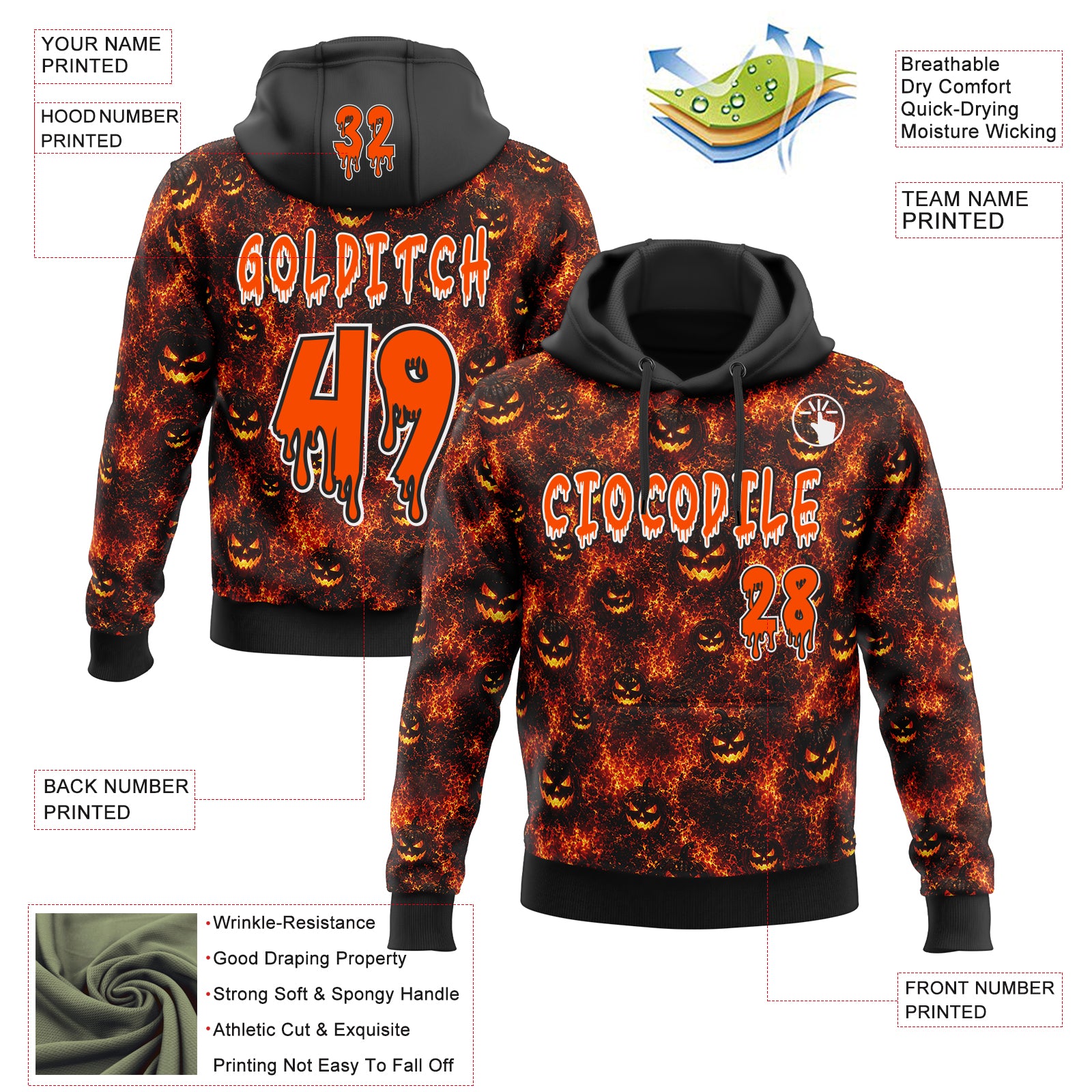 Custom Black Orange-White Halloween Flaming Pumpkins Pullover Sweatshirt Hoodie