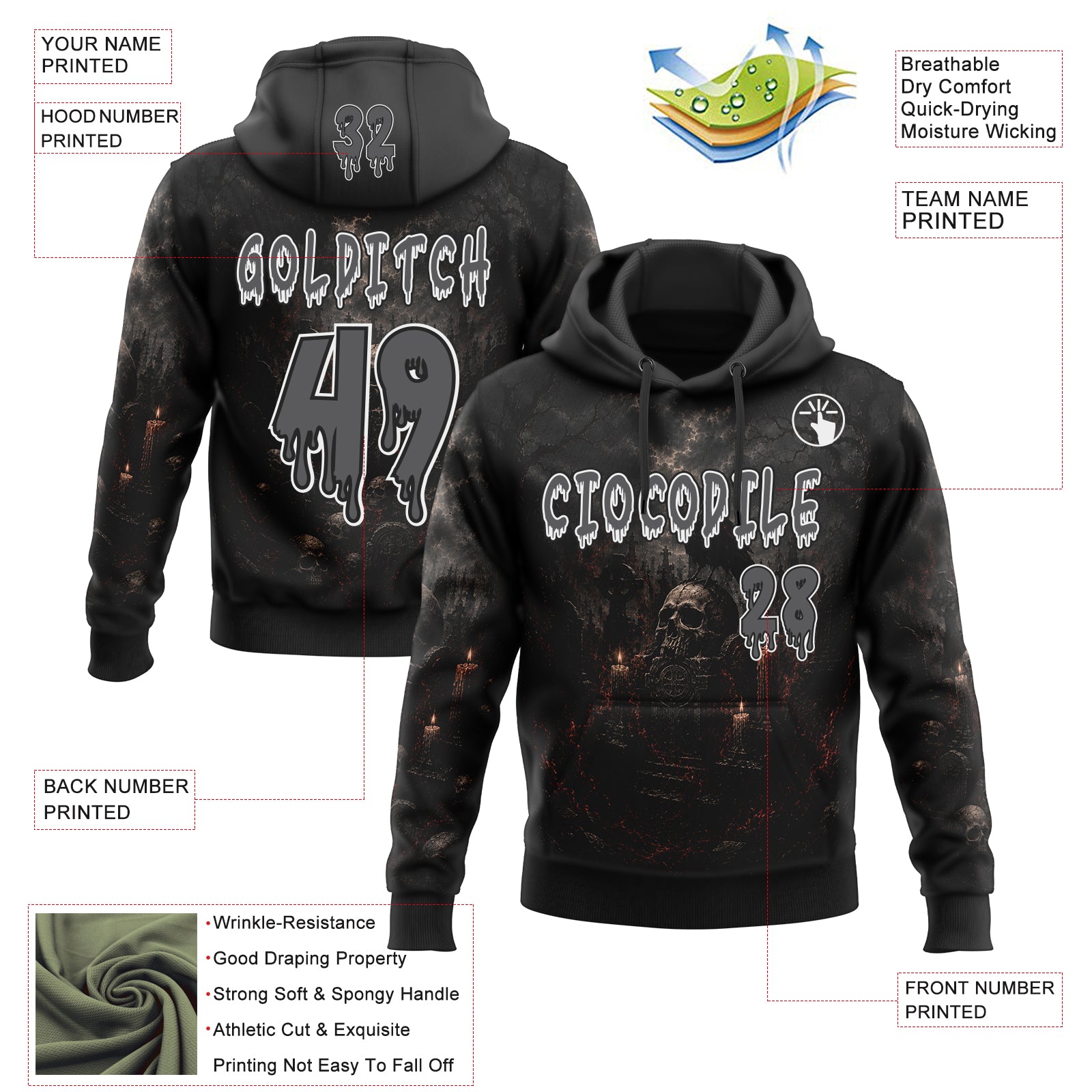 Custom Black Steel Gray-White Spooky Halloween Skulls Pullover Sweatshirt Hoodie