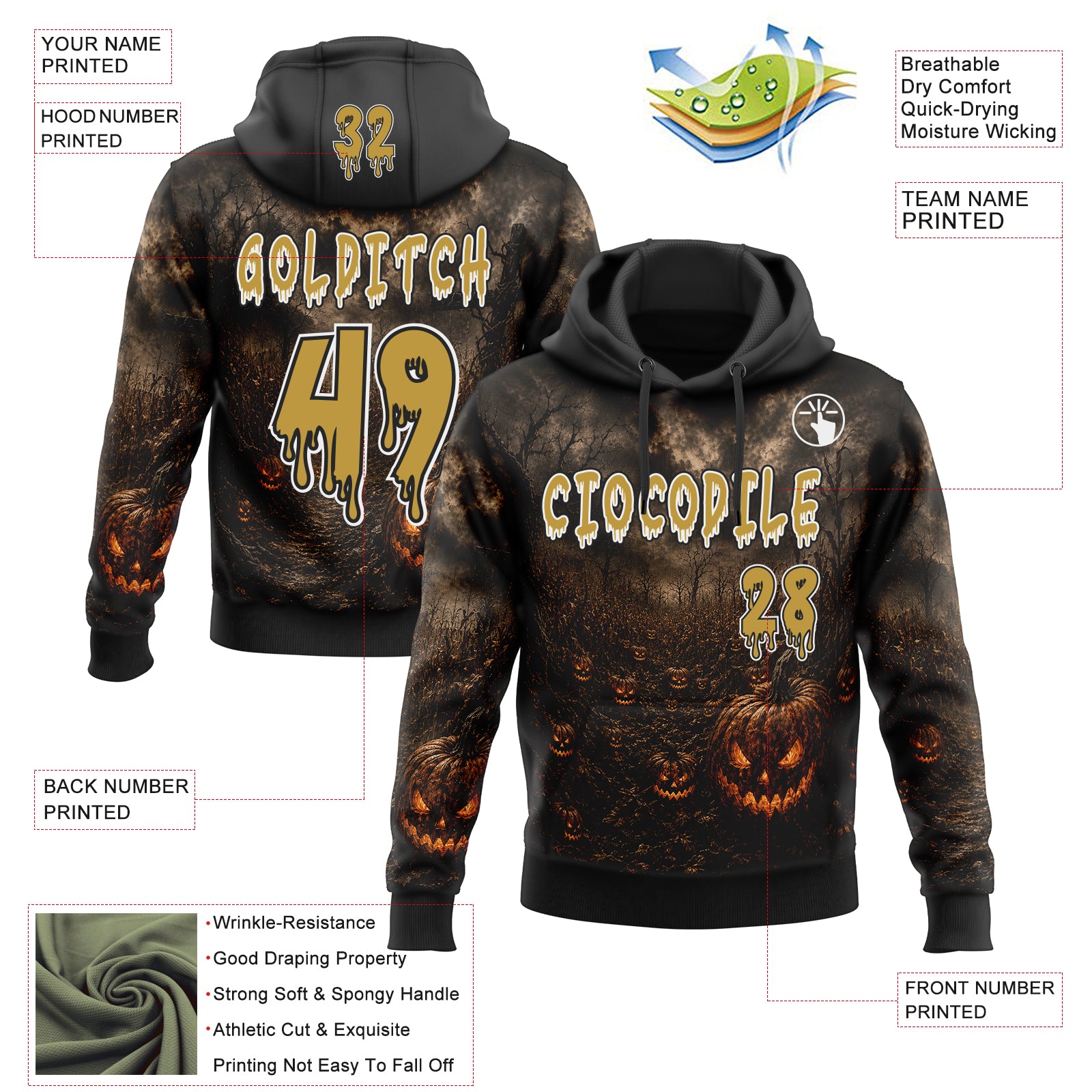 Custom Black Old Gold-White Spooky Halloween Evil Pumpkins Pullover Sweatshirt Hoodie