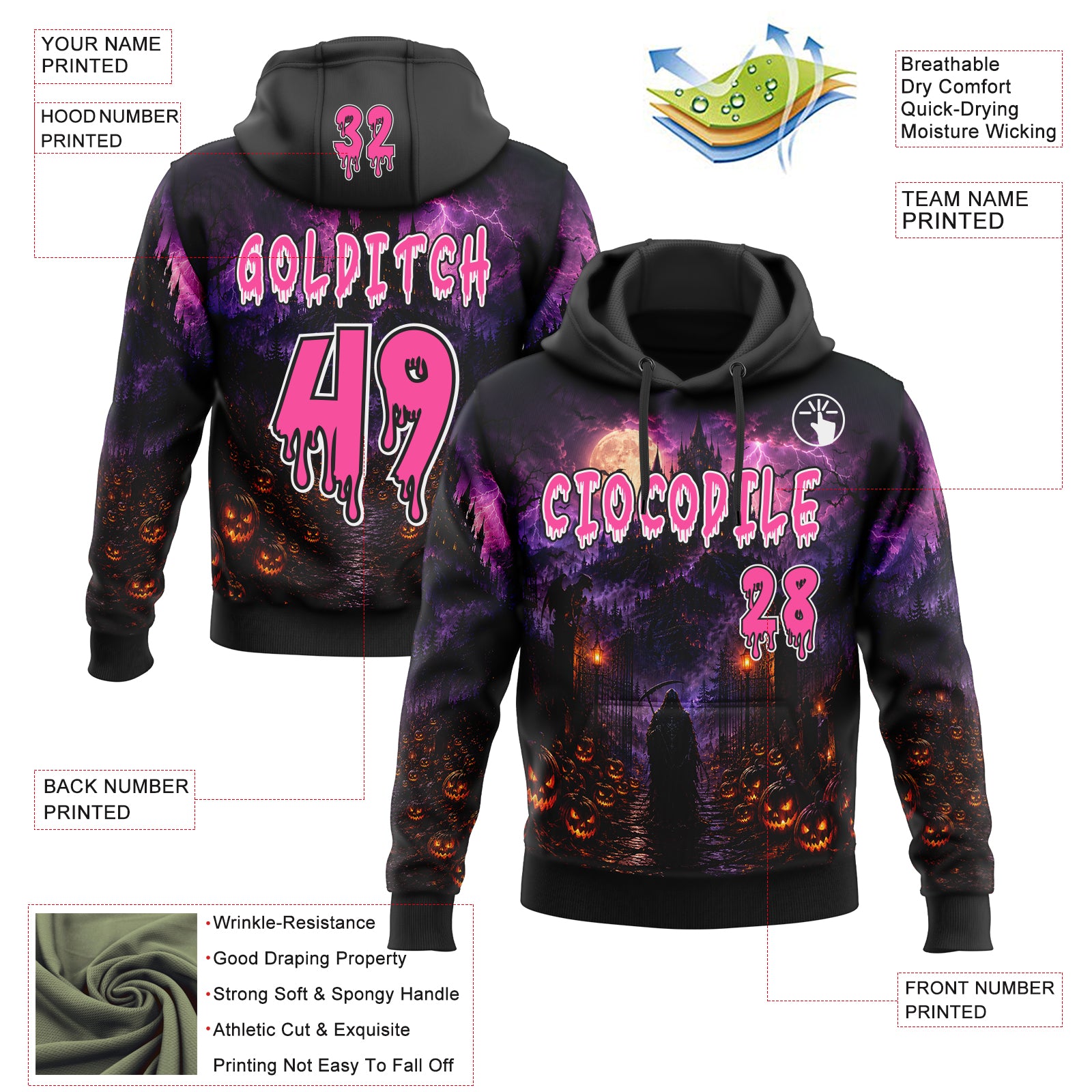 Custom Black Pink Purple-White Halloween Gothic Castle Grim Reaper Pullover Sweatshirt Hoodie