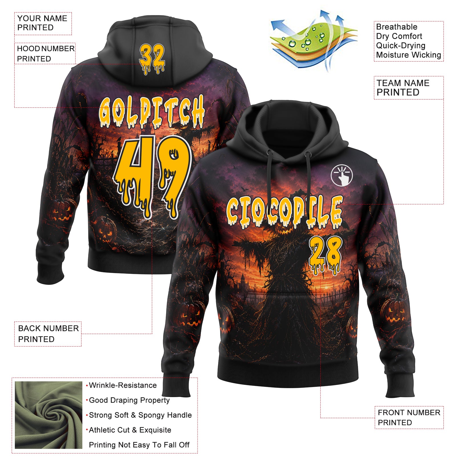 Custom Black Gold Orange-White Halloween Scary Scarecrow Pullover Sweatshirt Hoodie