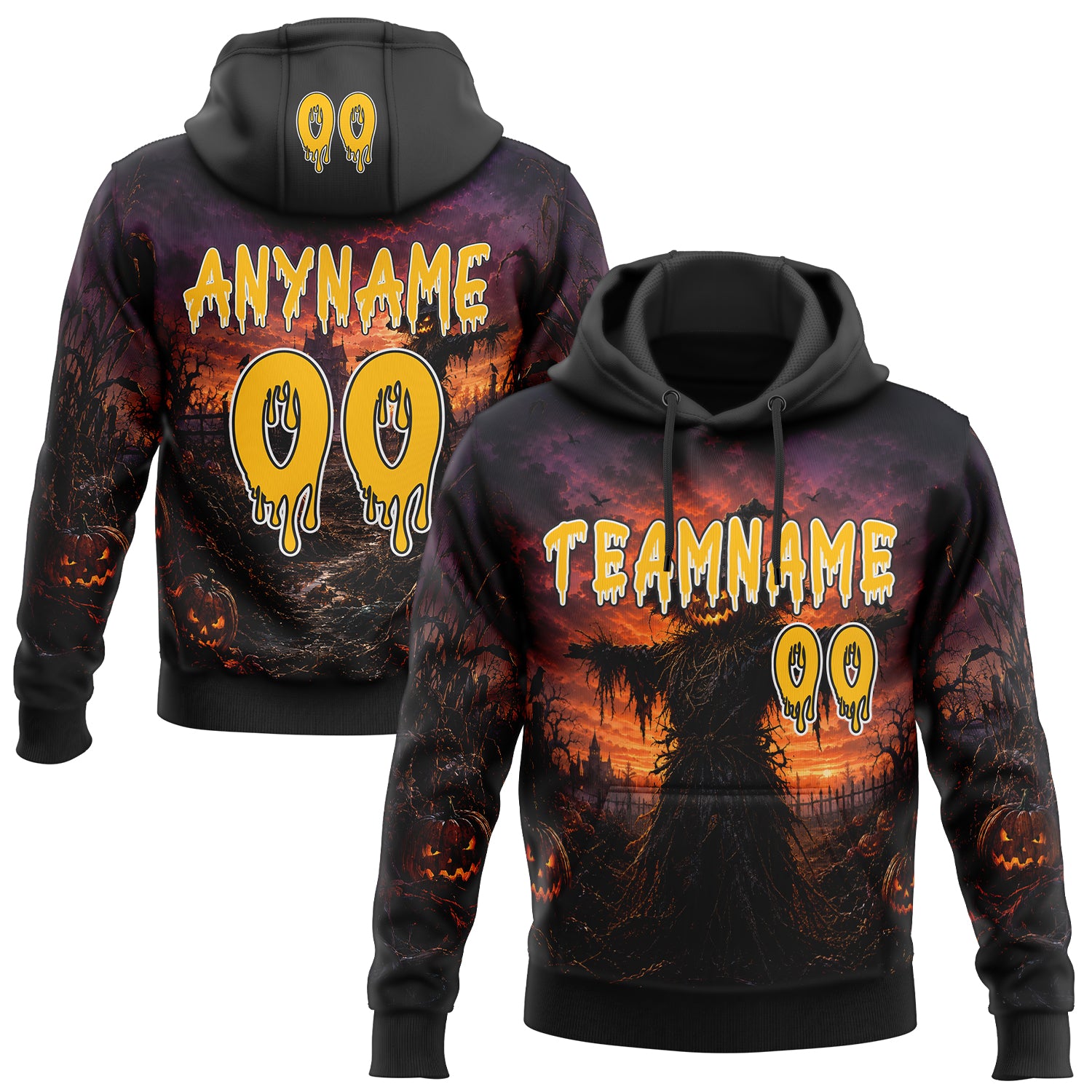 Custom Black Gold Orange-White Halloween Scary Scarecrow Pullover Sweatshirt Hoodie