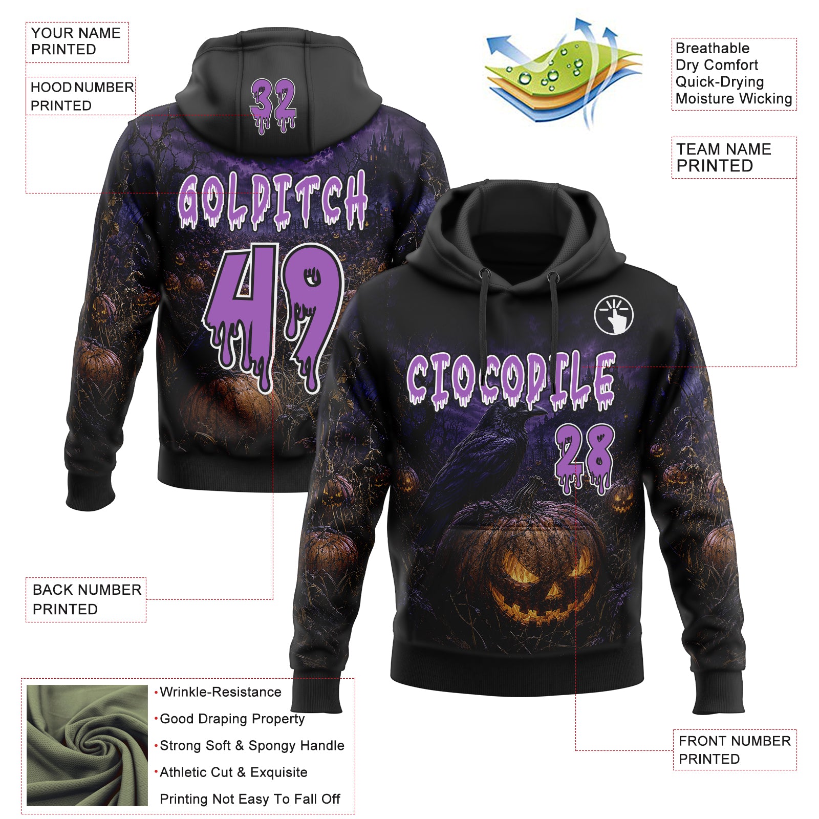 Custom Black Medium Purple-White Halloween Gothic Raven And Evil Pumpkin Pullover Sweatshirt Hoodie