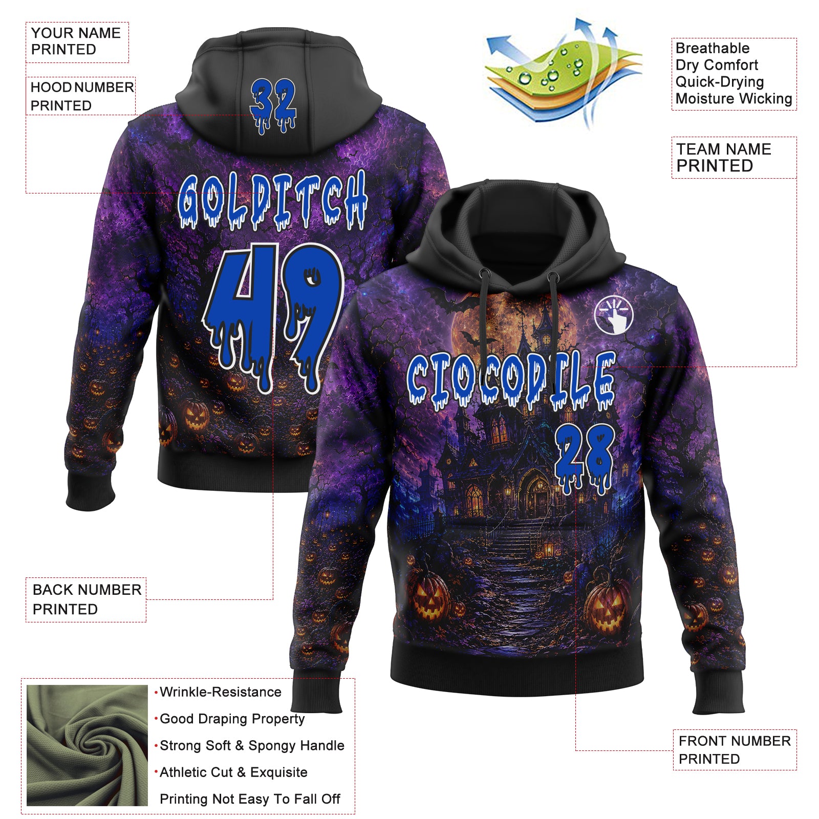 Custom Black Thunder Blue Purple-White Spooky Halloween Haunted House Bats Pullover Sweatshirt Hoodie