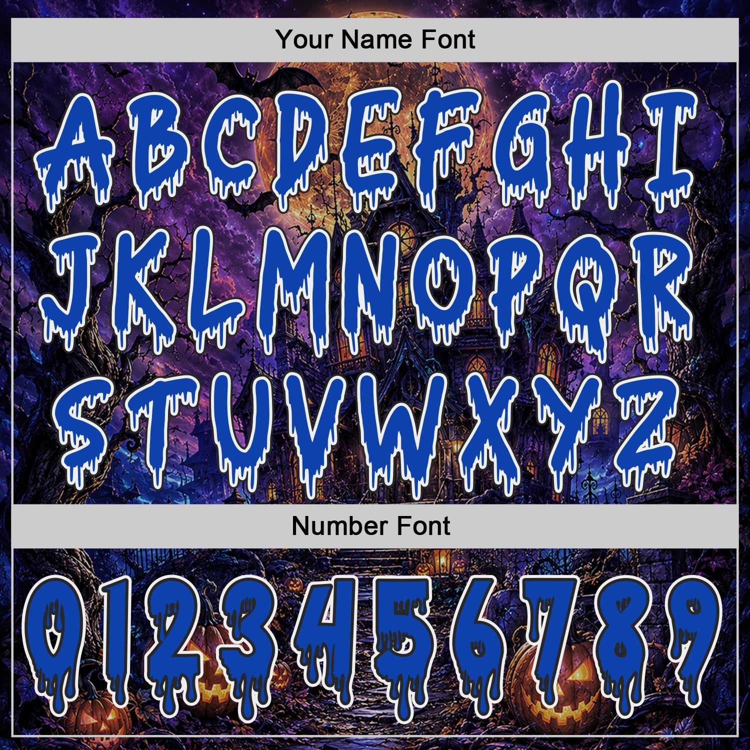 Custom Black Thunder Blue Purple-White Spooky Halloween Haunted House Bats Pullover Sweatshirt Hoodie