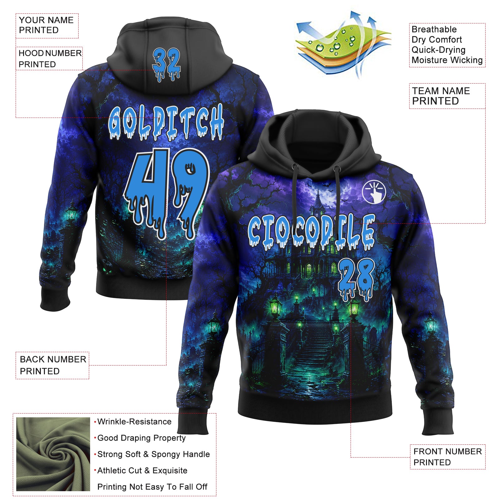 Custom Black Powder Blue-White Spooky Halloween Haunted House Pullover Sweatshirt Hoodie