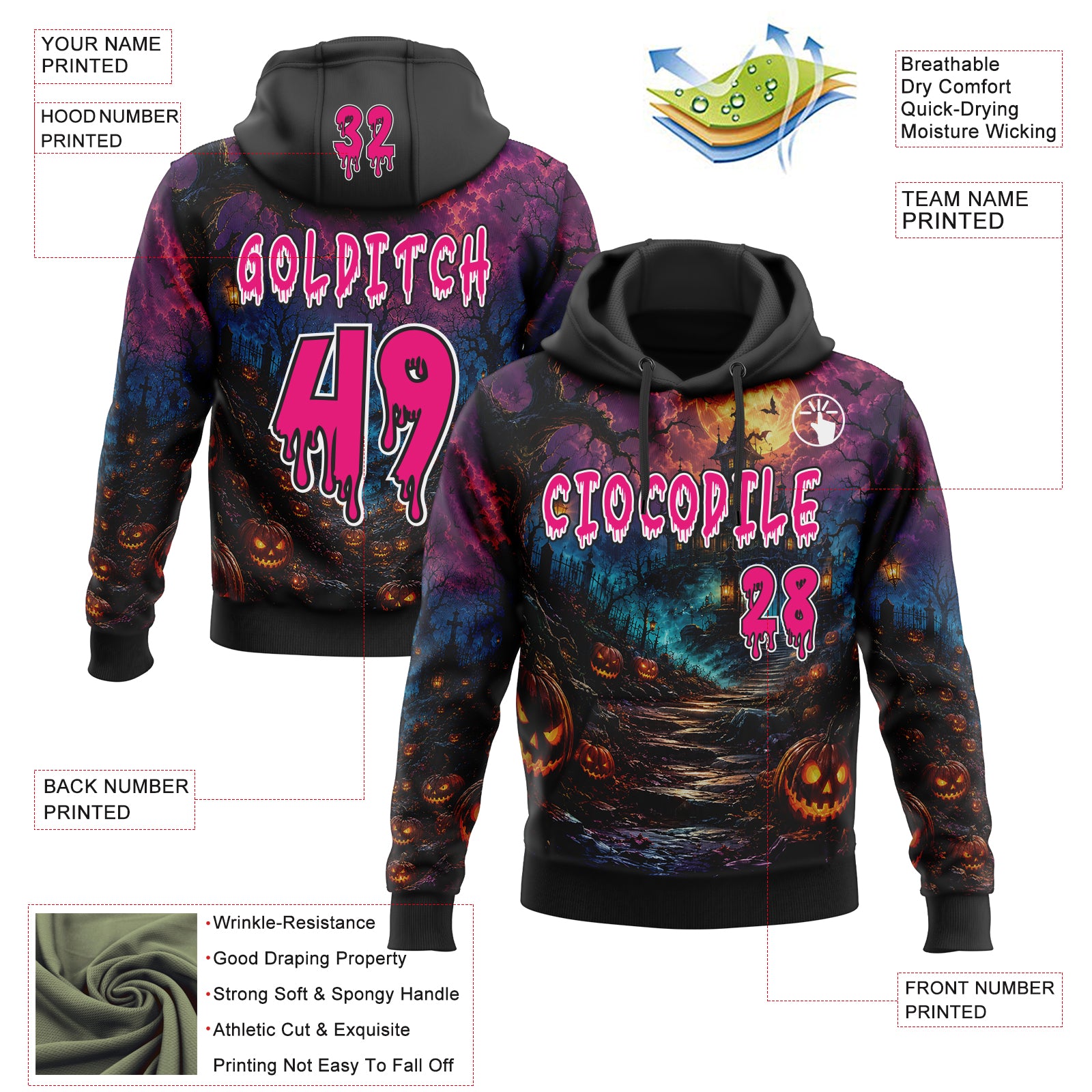 Custom Black Hot Pink-White Spooky Halloween Haunted House Bats Pullover Sweatshirt Hoodie