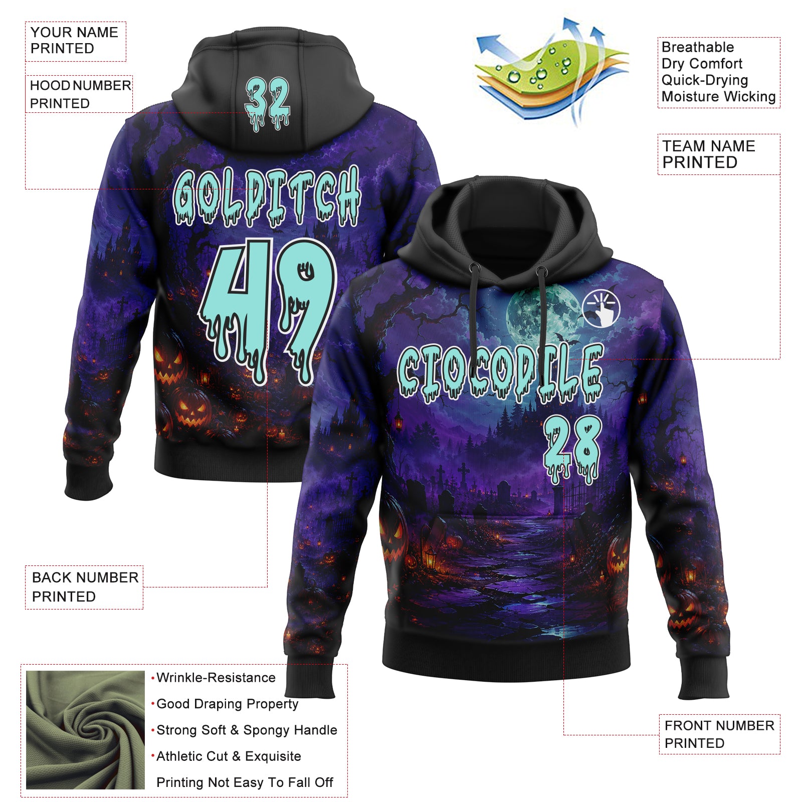 Custom Black Ice Blue Purple-White Halloween Gothic Cemetery Pullover Sweatshirt Hoodie