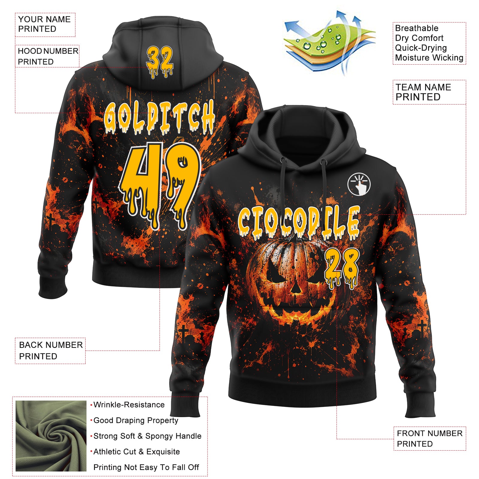 Custom Black Gold Orange-White Halloween Flaming Pumpkin Splatter Pullover Sweatshirt Hoodie
