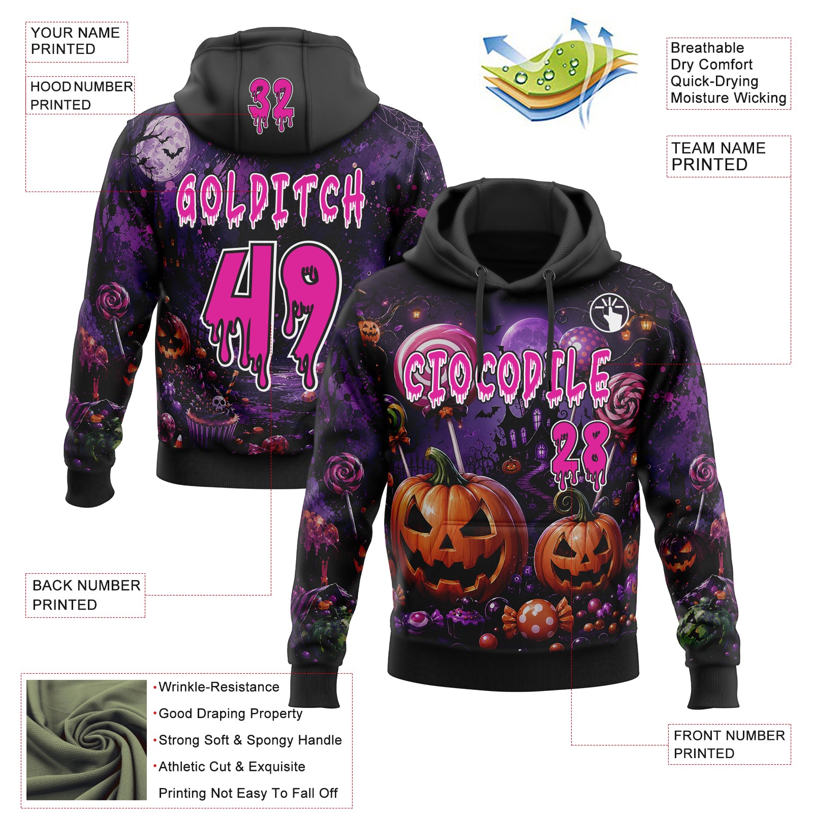 Custom Black Deep Pink Purple-White Spooky Halloween Evil Pumpkin & Candy Pullover Sweatshirt Hoodie