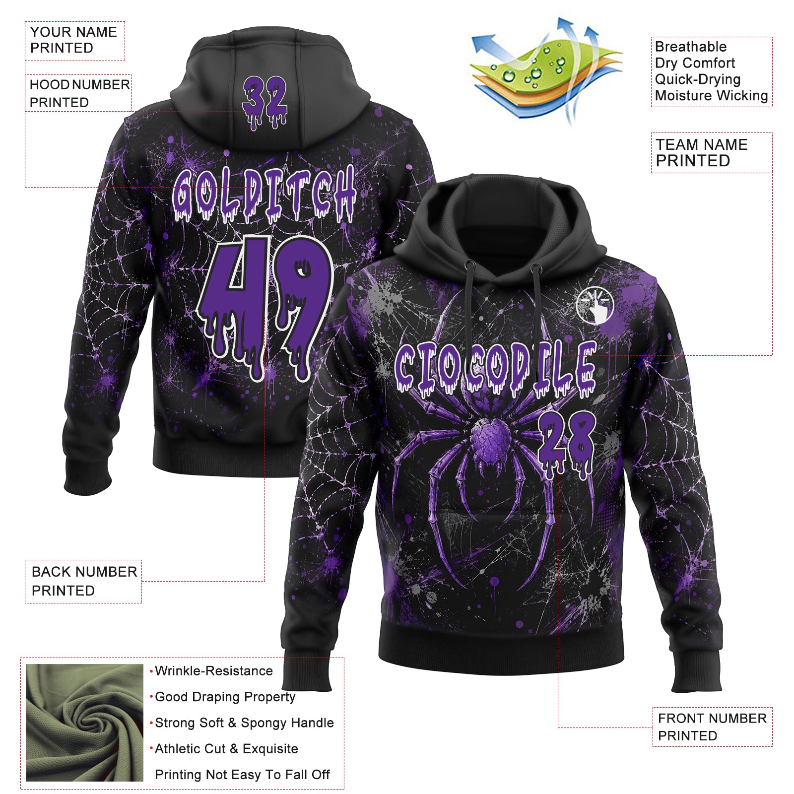 Custom Black Purple-White Halloween Gothic Spiderweb Splatter Pullover Sweatshirt Hoodie
