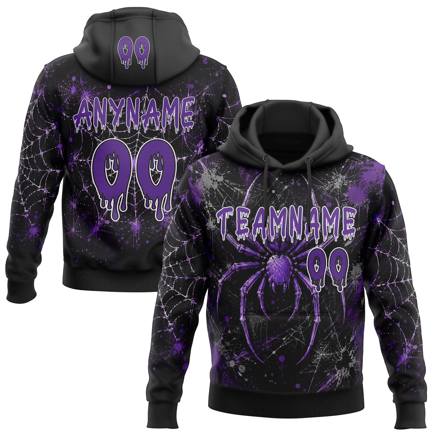 Custom Black Purple-White Halloween Gothic Spiderweb Splatter Pullover Sweatshirt Hoodie