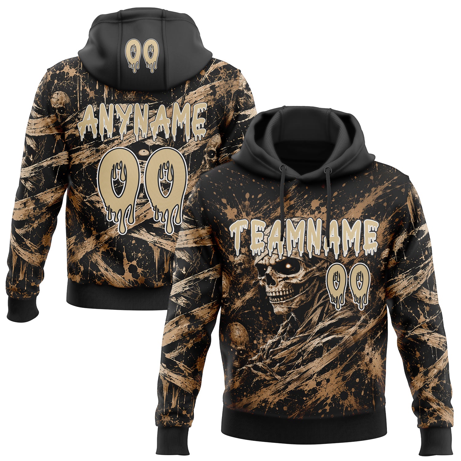 Custom Black Vegas Gold-White Spooky Halloween Mummy Skull Pullover Sweatshirt Hoodie