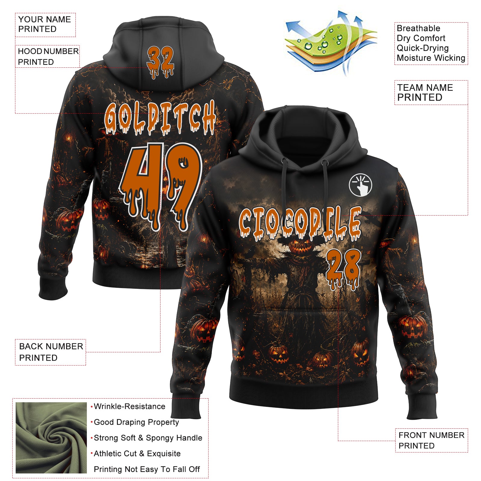 Custom Black Texas Orange-White Halloween Scary Scarecrow Pullover Sweatshirt Hoodie