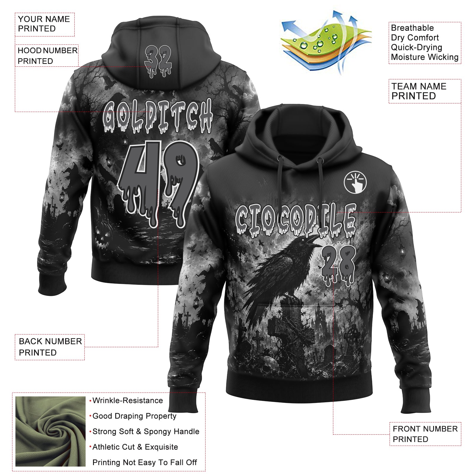 Custom Black Steel Gray-White Halloween Gothic Raven Cemetery Pullover Sweatshirt Hoodie