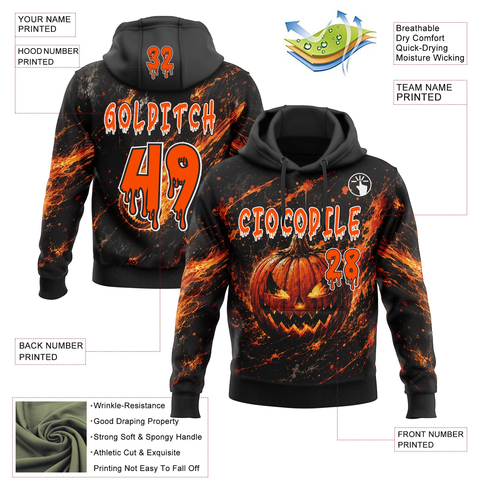 Custom Black Orange-White Halloween Flaming Pumpkin Splatter Pullover Sweatshirt Hoodie