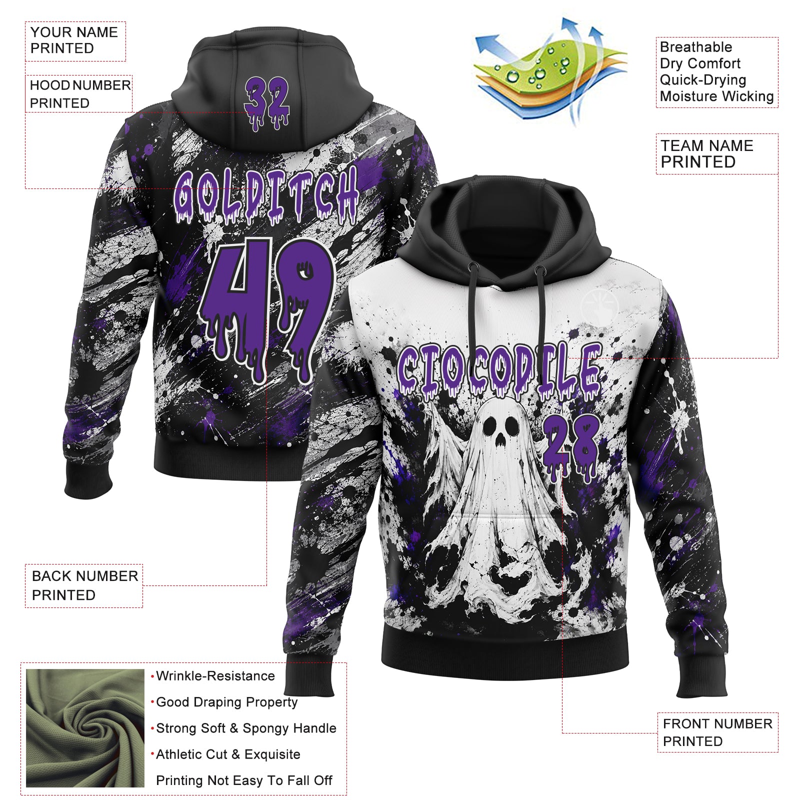 Custom Black Purple-White Spooky Halloween Ghost Splatter Pullover Sweatshirt Hoodie