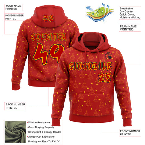 Custom  Red Gold-Black Christmas Tree Stars Pullover Sweatshirt Hoodie