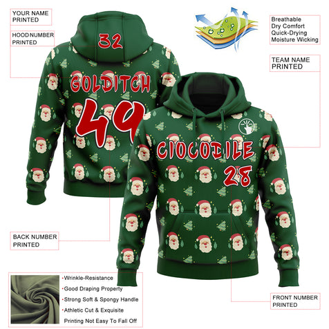 Custom  Green Red White-Black Christmas Santa Claus & Tree Pullover Sweatshirt Hoodie