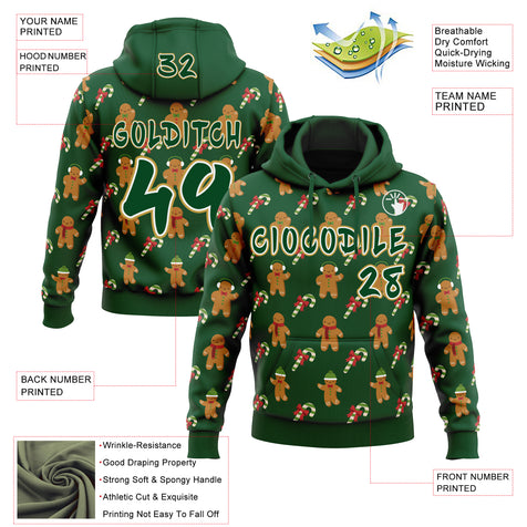 Custom  Green White-Old Gold Christmas Gingerbread & Candy Cane Pullover Sweatshirt Hoodie